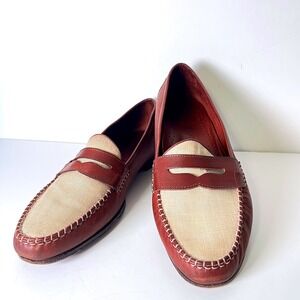 Cole Haan Resort Mens 12 M Brown Leather Linen Penny Loafers Made in Italy